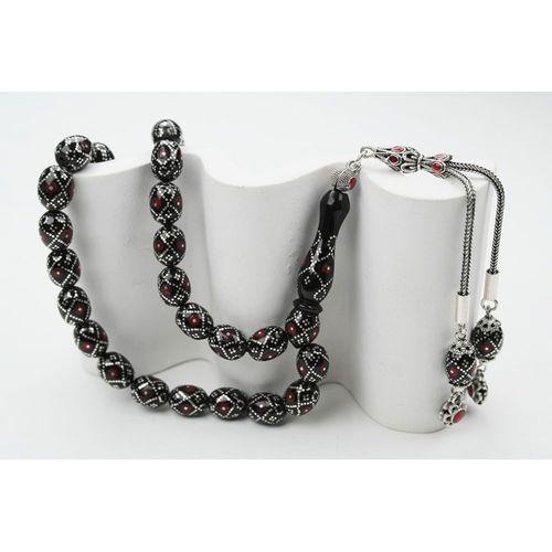 Oltu Taşı  Beyzi Fiyonk Kırmızı İşlemeli Tespih