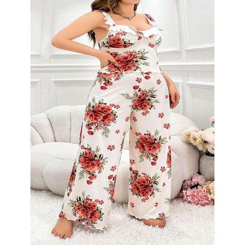 Büyük Beden Gül Desenli İnce Askılı Beyaz Salaş 2'li Takım