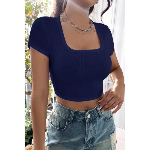 Kadın Lacivert Yarım Kol Düz Yaka Crop Top Bluz