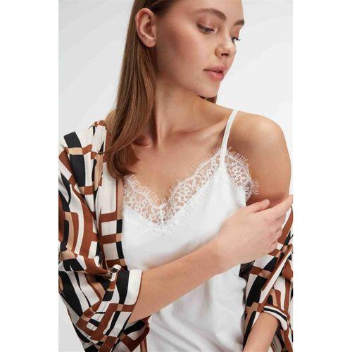 Kadın Dokuma Viskon Geometrik Baskılı Sabahlık Mikro Kumaş Dantelli Atlet Ve Yandan Cepli Pantolon 3'lü Takım