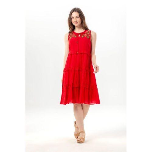 Kolsuz Mina Nakış Detaylı Bağcıklı Yaka Yazlık Vual Elbise Kırmızı Krmz