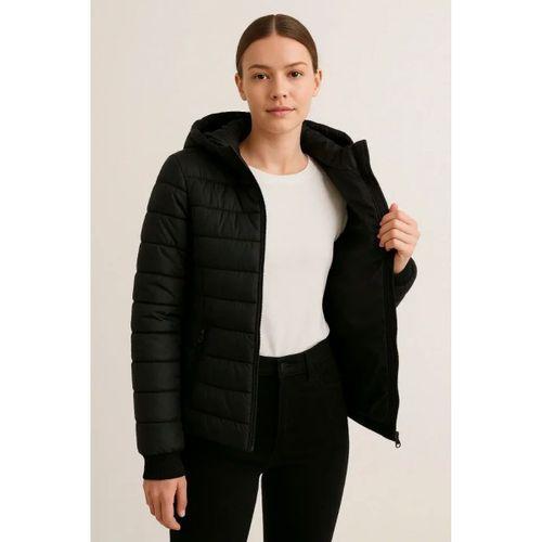 Şişme Kapüşonlu Fermuarlı Mont Su Itici Kapitone Astarlı Kumaş Cepli Kışlık Rahat Kalıp - Siyah