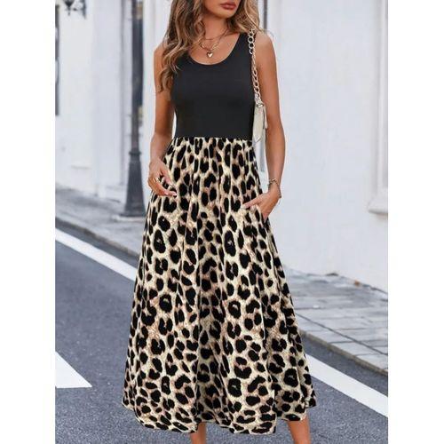 Kadın Askılı Yuvarlak Yaka üst Viskon Alt Leopar Desenli Süprem Uzun Elbise