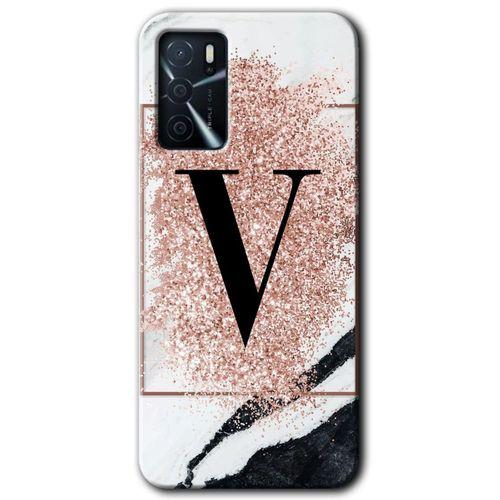 Oppo A16 Kılıf HD Desen Baskılı Arka Kapak - Pembe Mermer Desenli V Harfi + Kırılmaz Cam