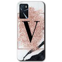 Oppo A16 Kılıf HD Desen Baskılı Arka Kapak - Pembe Mermer Desenli V Harfi + Kırılmaz Cam