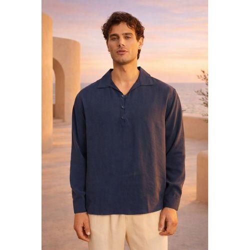 Baldwin Apaş Yaka Britli 3 Düğmeli İnce Modal Kumaş Oversize Uzun Kollu Yazlık Erkek Gömlek - Lacivert