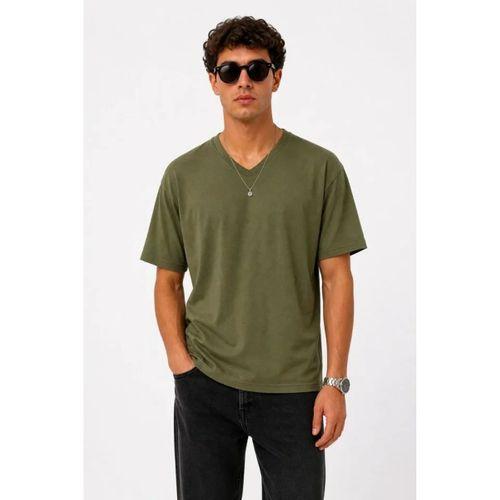 Erkek V Yaka Basic Tişört Kısa Kol Yazlık Regular Fit T-Shirt - Haki