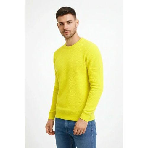 Erkek Bisiklet Yaka Petekli Dokulu Triko Kazak Pamuklu Ince Dokuma, Uzun Kollu Rahat Regular Kalıp - Sarı