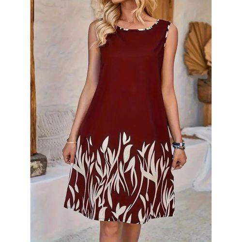 Kadın Askılı Yuvarlak Yakalı Yaprak Desenli Dalgıç Elbise