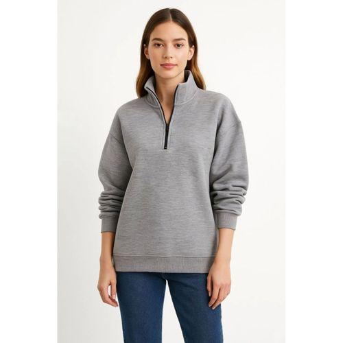 Üç İplik Dık Yaka Yarım Fermuarlı SweatShirt - Gri