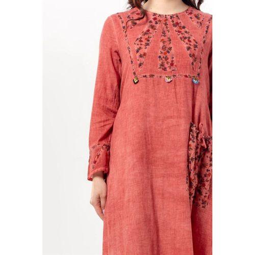 Uzun Kol Sultan Tek Cepli Yazlık Uzun Poplin Elbise Kiremit Krmt