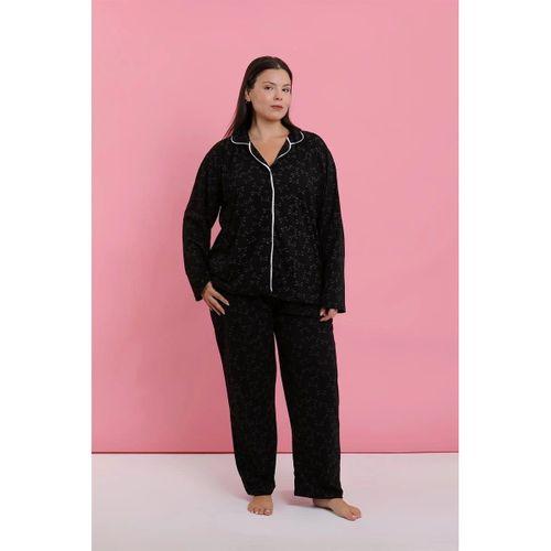 Kadın Büyük Beden Siyah Kırmızı Çiçekli Düğmeli Pijama Takımı