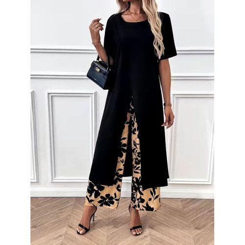 Kadın Kısa Kollu önden çapraz Detaylı Viskon Uzun Bluz Ve Desenli Iki Iplik Pantolon Ikili Takım