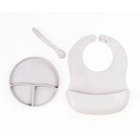 Gri 3’lü Silikon Yemek Seti – Önlük + Diş Kaşıyıcılı Kaşık + Vakumlu Tabak