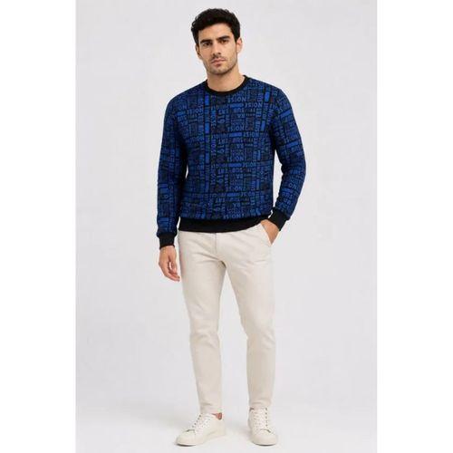 Erkek Siyah Mavi Yazı Desenli İki İplik Şardonlu Sweatshirt