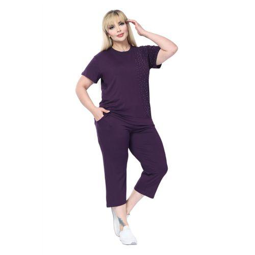 Melsay Butik Mor Kısa Kollu Yarım Taş Baskılı Viskon Kapri Takım