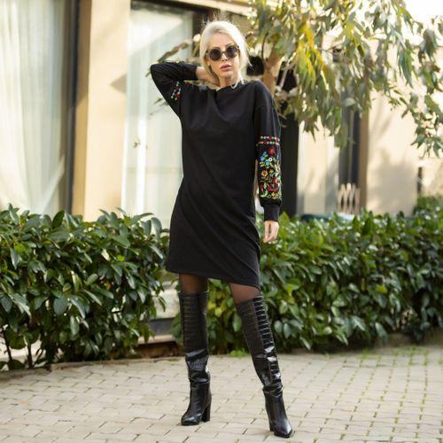 Lucky Life Kadın Iki İplik Kumaş Kolları Nakışlı Bisiklet Yaka Elbise 90cm