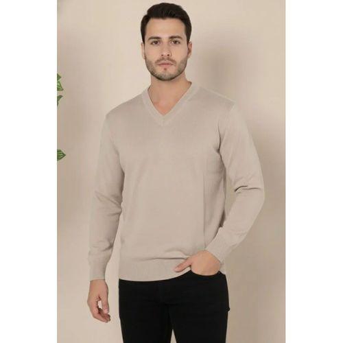 Erkek V Yaka Triko Kazak Yumuşak Dokulu Pamuklu Ince Dokuma, Uzun Kollu Rahat Regular Kalıp - Bej