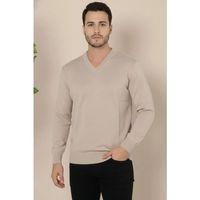 Erkek V Yaka Triko Kazak Yumuşak Dokulu Pamuklu Ince Dokuma, Uzun Kollu Rahat Regular Kalıp - Bej