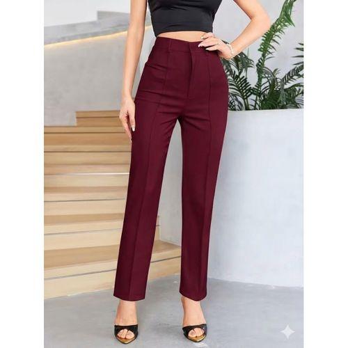 Bordo Renk Yüksek Bel Maskülen Kesim Kumaş Pantolon