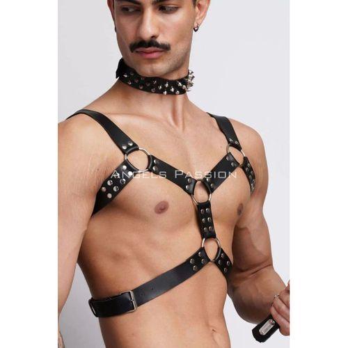 Kırbaç Ve Çivili Choker Detaylı Erkek  Fantazi Giyim, Deri Erkek  Harness Takım - Brfm102