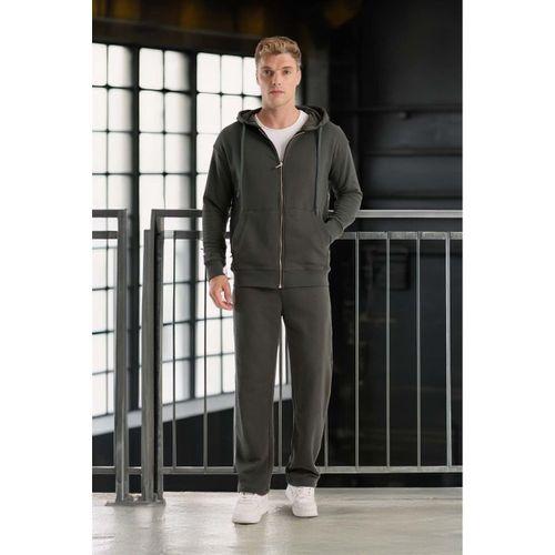 Haneke Regular Kalıp Diagonal 3 İplik Fermuarlı Kapüşonlu Erkek Sweatshirt - Çam Yeşili