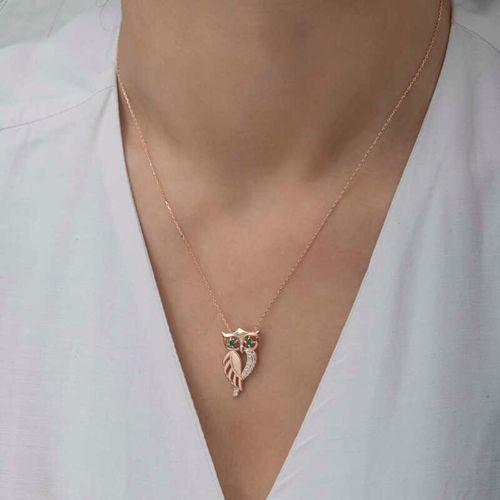 Gümüş Rose Yeşil Gözlü Baykuş Kadın Kolye