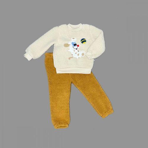 1-2-3 Yaş Toplu Köpek Nakışlı Kuzu Kumaş Sweat Pantolonlu Uzun Kollu Kız Erkek Bebek Takımı Hardal