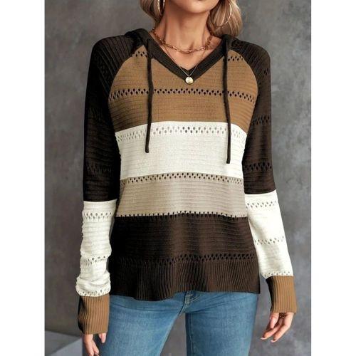 Kadın Uzun Kollu V Yakalı Bağcıklı Kapşonlu Triko Bluz