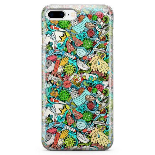 Apple iPhone 8 Plus Kılıf Covid-19 Doodle Arka Kapak Koruma Desenli Full Koruyucu