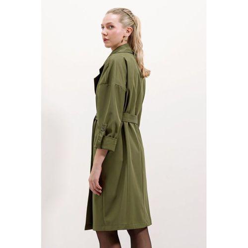 9104 Kruvaze Yaka Astarlı Trençkot - Haki