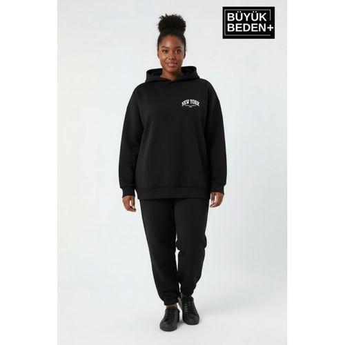 Kadın Büyük Beden New York Baskılı Kapüşonlu Sweatshirt SPR26BSWK962