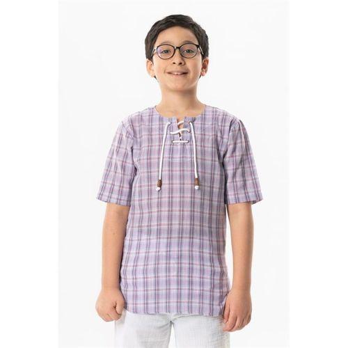 Kısa Kol Şile Bezi Zımbalı Yazlık Erkek Çocuk Tshirt Lila Ekose 3036