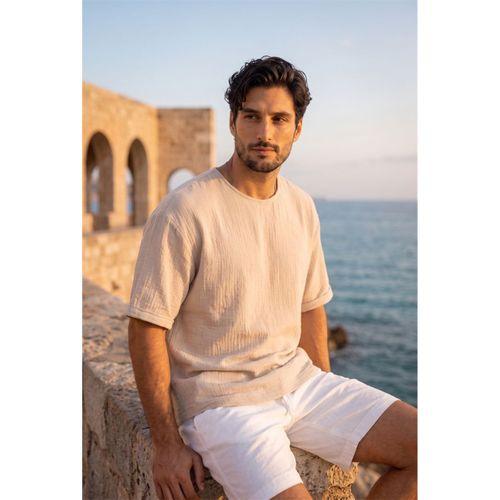 Godard Relax Fit %100 Pamuk Müslin Kumaş Duble Kol Bisiklet Yaka Erkek T-Shirt - Orta Bej