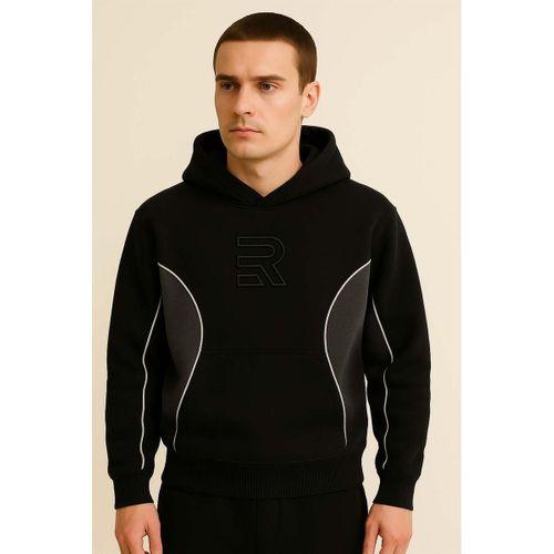 Frank Parçalı Kontrast Desenli Kapüşonlu Oversize Cepli Polar Erkek Sweatshirt - Siyah