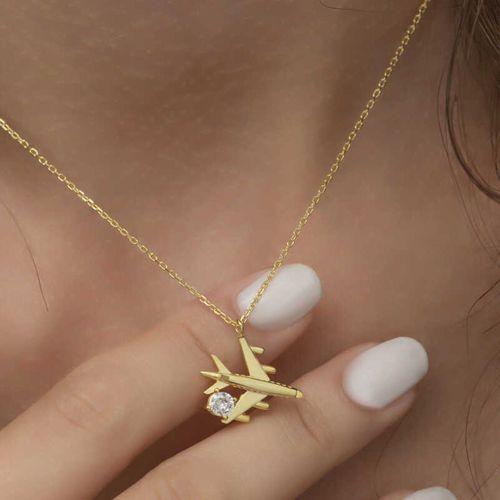 Lucky Life 925 Ayar Gumuss Gold Tek Taşlı Uçak Lucky Life Lucky Life Kadın Kolye