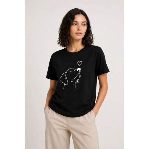 Köpek Figürlü Minimal Baskılı Tişört Kısa Kol Yazlık T-Shirt - Siyah