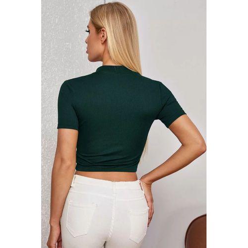 Kadın Yeşil Yarım Fermuarlı Ve Kısa Kollu Crop Top Bluz