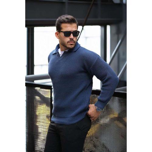 Oversize Gömlek Polo Yaka Selanik Örgülü Erkek Triko Kazak - İndigo