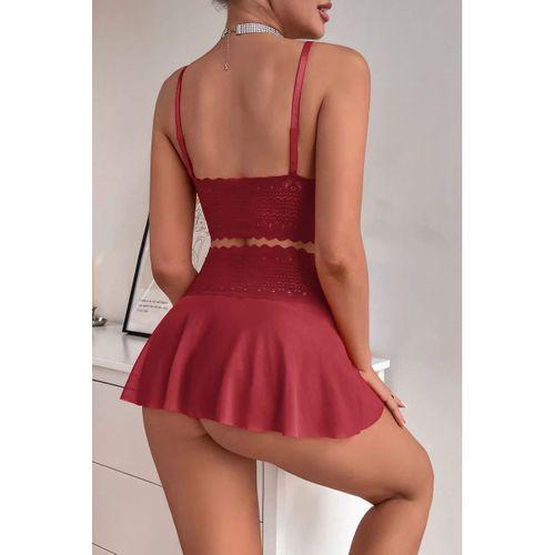 Kadın Bordo Dantel Ve Tül Detaylı Etekli Şık Gecelik Takımı