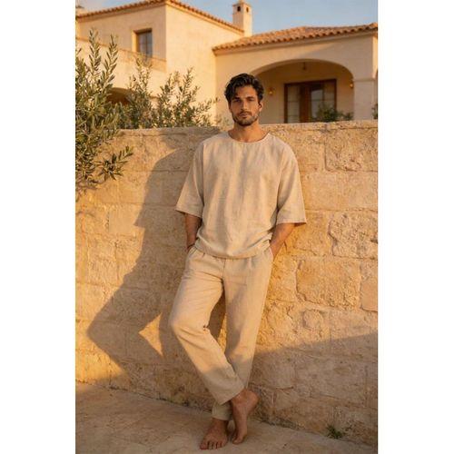 Castiel Bisiklet Yaka Fakir Kol Oversize Kısa Kol T-shirt - Bej