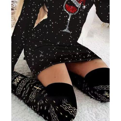 Kadın Uzun Kollu Taş Kadeh Baskı Mikro Kumaş Mini Boy Elbise (çorapsız)