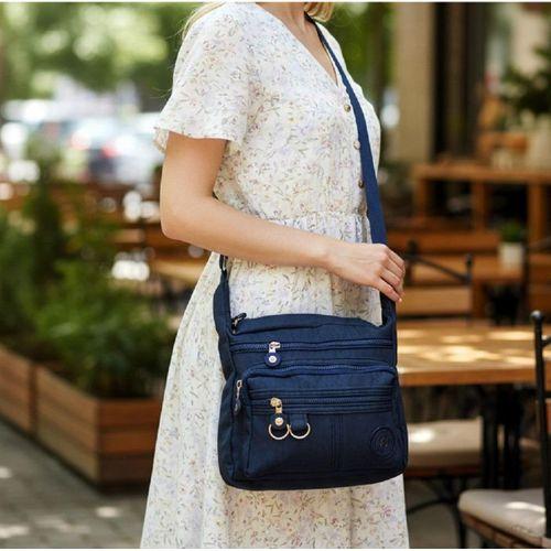 Fiyra ç2 Lacivert Beş Gözlü Krinkıl Kumaş Bayan Çapraz Omuz Çanta