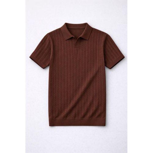 Nestor Saç Örgü Desenli Polo Yaka Regular Fit Örme İnce Triko Erkek T-Shirt - Kahve