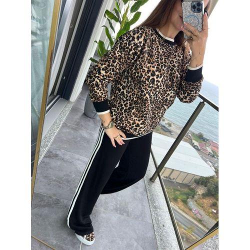 Kadın Uzun Kollu Bisiklet Yaka Leopar Desenli Iki Iplik Bluz Ve Viskon Iki Iplik Pantolon Ikili Takım
