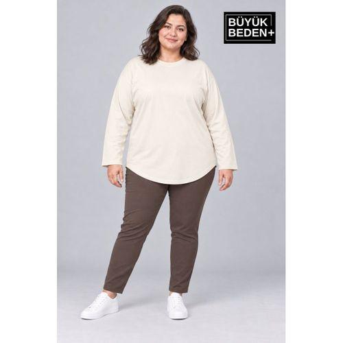 Süperlife Kadın Büyük Beden Bisiklet Yaka Süprem İnce Uzun Kollu Oval Etek Tişört SPR26BTSK943