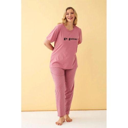 Kadın Somon Go Getter Yazılı Büyük Beden Pijama Takımı