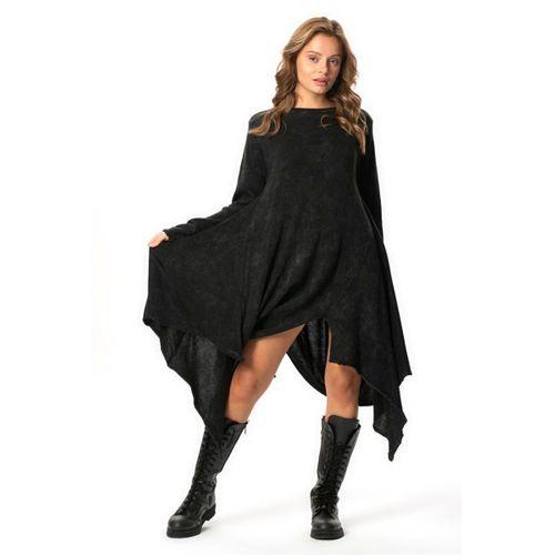 Uzun Kol Handan Asimetrik Kesim Sonbahar ve Kışlık Dökümlü Midi Boy Triko Elbise Füme Fm