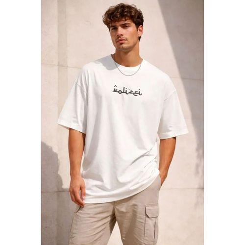 Erkek Bisiklet Yaka Baskılı Kısa Kollu Tişört Streetwear Günlük Basic Pamuklu T-shirt - Beyaz