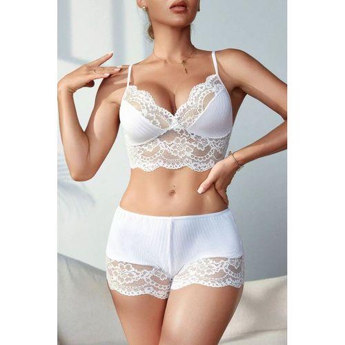 Kadın Beyaz Kaşkorse Ve Dantel Detaylı Şortlu Gecelik Takım